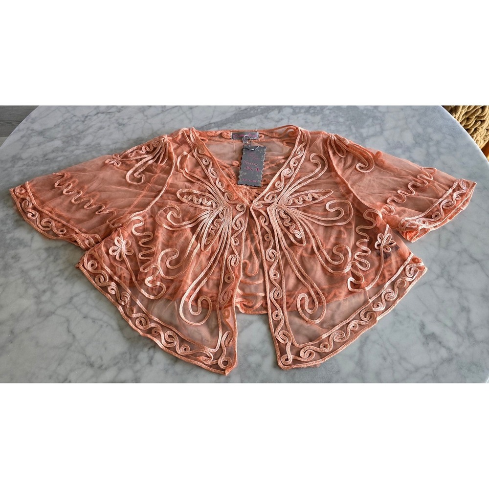 Pretty Angel Peach Silk Blend Soutache Embroidered Mesh Bolero Shrug XL NEW